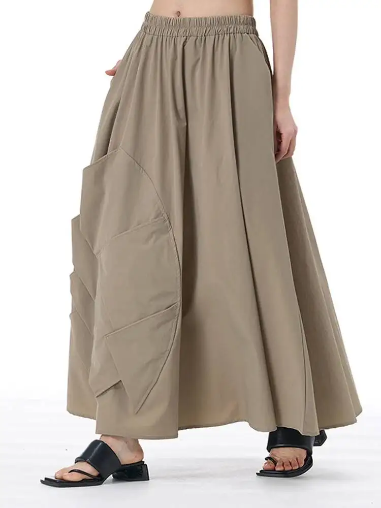 High Elastic Waist Khaki Patch Spliced Casual A-line Half-body Skirt Women Fashion Tide New Spring Autumn