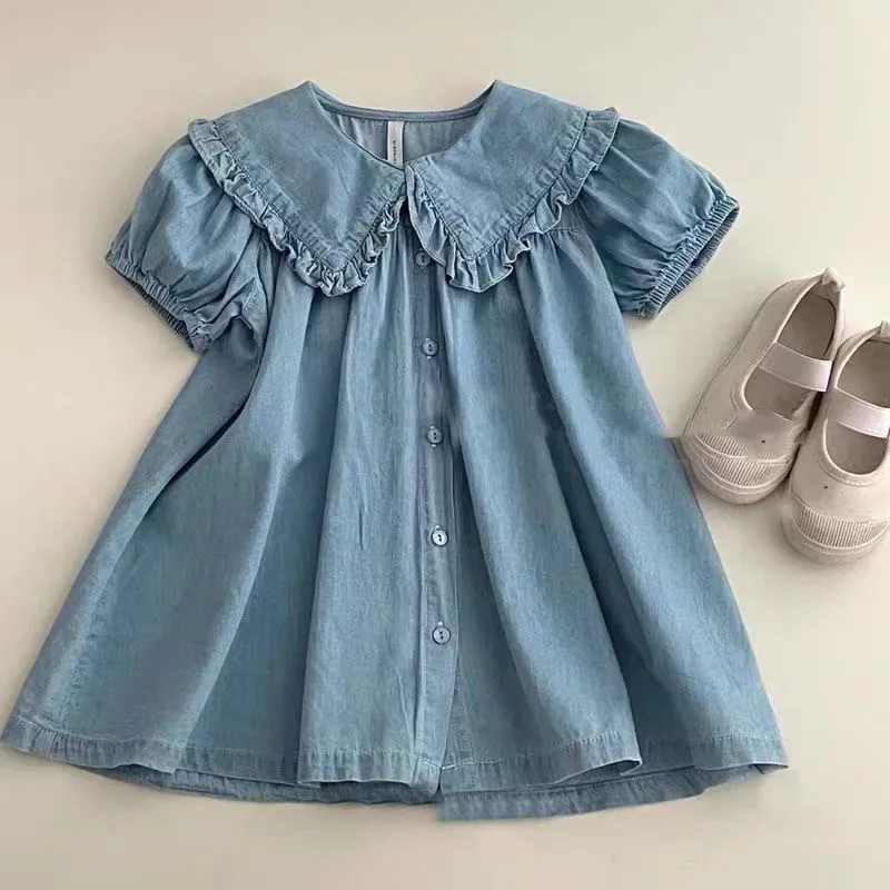 2024 Summer New Girl\'s puff sleeve dress Kids solid color denim princess party dress Baby girl big turn-down collar dress