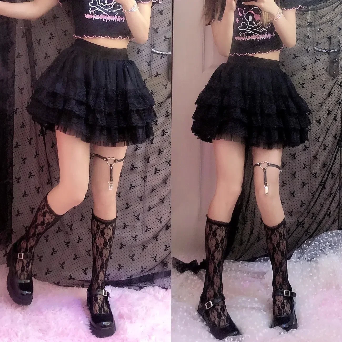 Saia Tutu Elástica Gótica de Renda Feminina, Detalhe de Malha Preta Anágua, Sexy Mini Saias de Tule, Party Club Wear, Dançarina