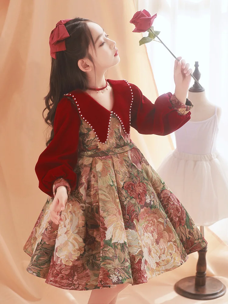 Baby Princess Vintage Ball Gown Tulle Children Puff Sleeve Kids Pearl Wedding Party Birthday Girls Tutu Dress For Eid