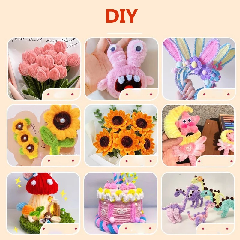 100Pcs Colorful Chenille Stem Twisted Rod Wool Root Fluffy Bar Iron Wire DIY Handcraft Twisting Decorations Pipe Cleaners Plush