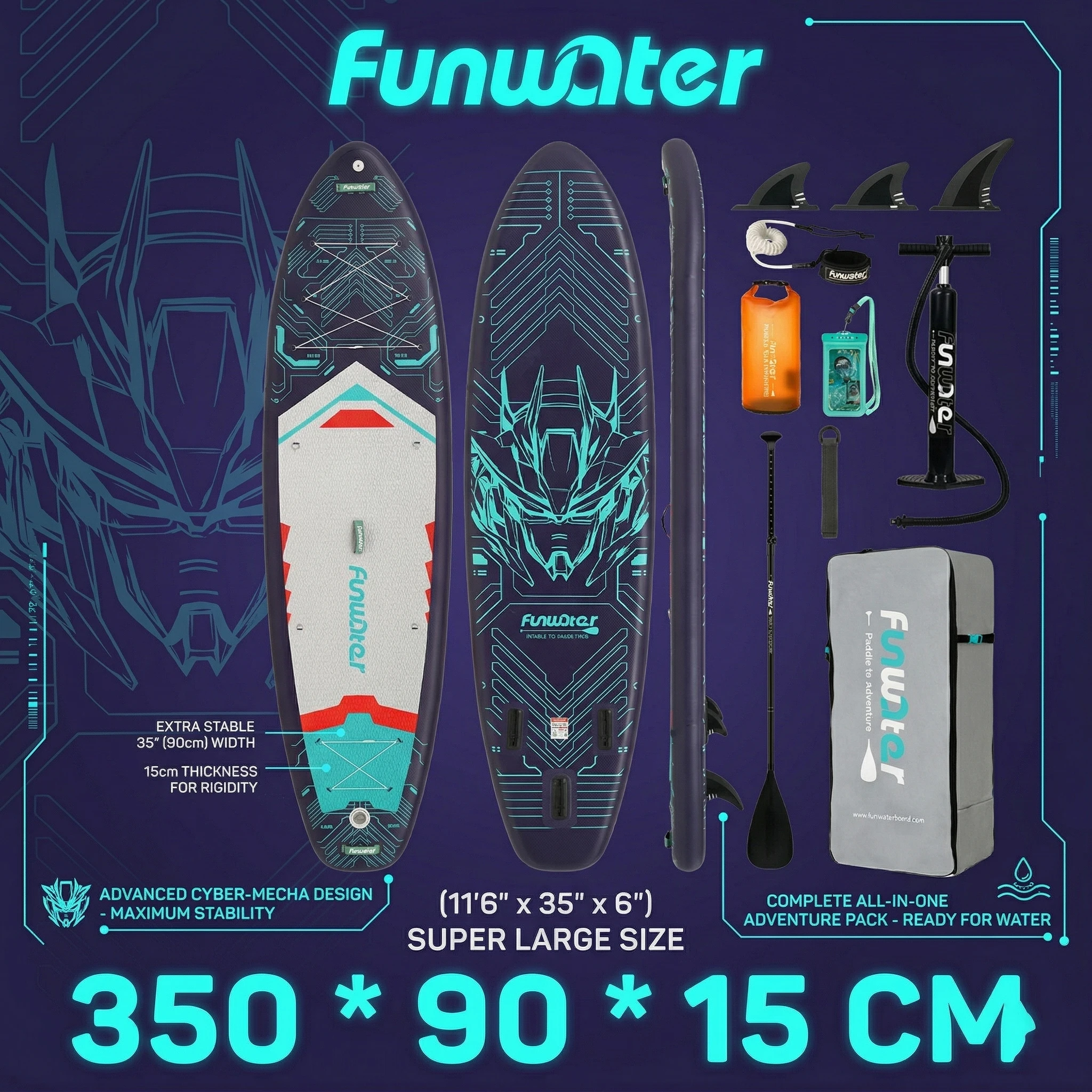 Funwater SUPFW50B Planche de paddle gonflable 350x90x15cm, planche de SUP, capacité 200kg, planche de surf pour adultes et jeunes avec pagaie, 3 ailerons, leash, sac étanche 10L, sangle pour téléphone, pompe manuelle, sac à dos, stable, durable, léger, portable, kit de sport nautique d'extérieur