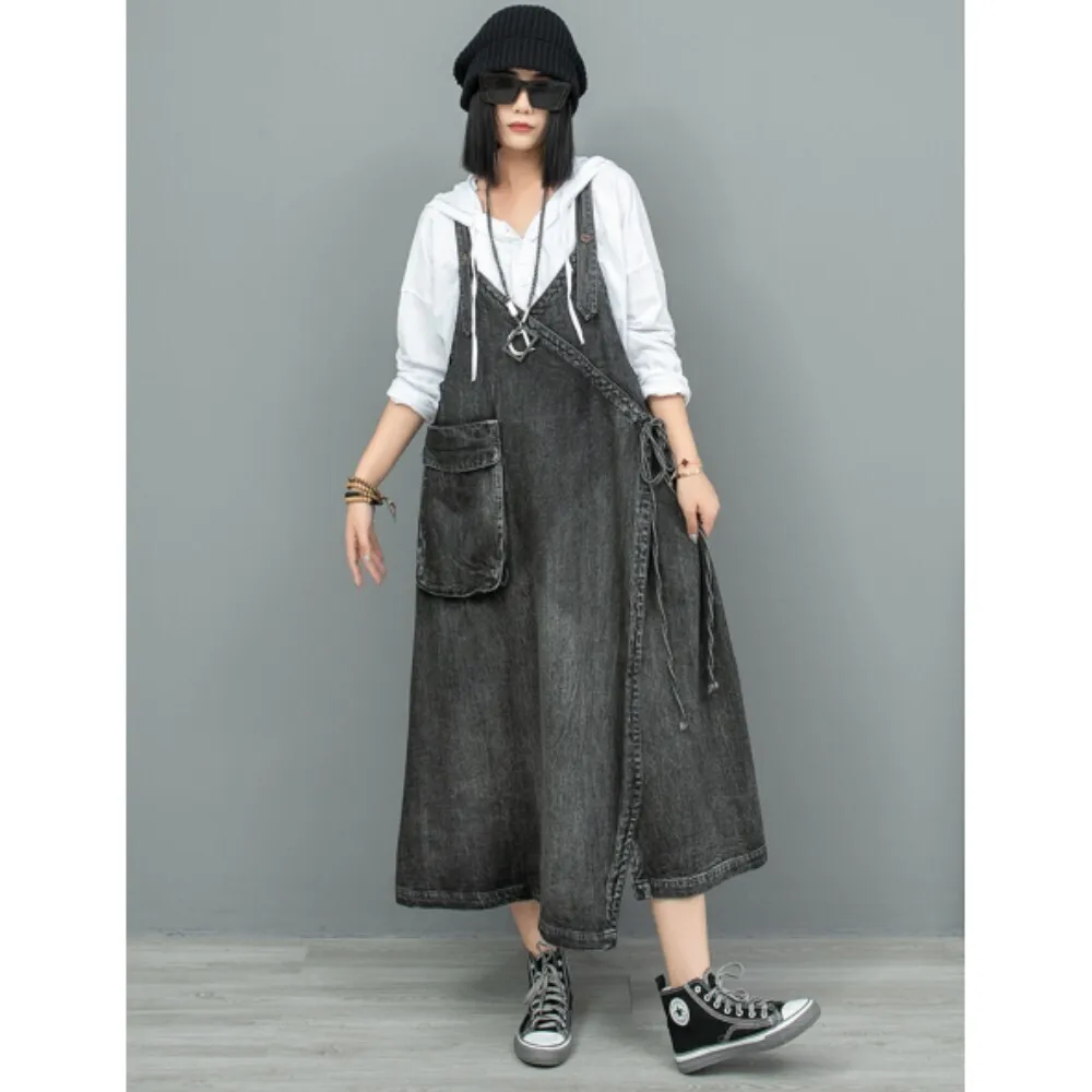 Vintage Irregular Splicing Denim Suspender Skirt 2024 Autumn High Waist Dress Women LX2080