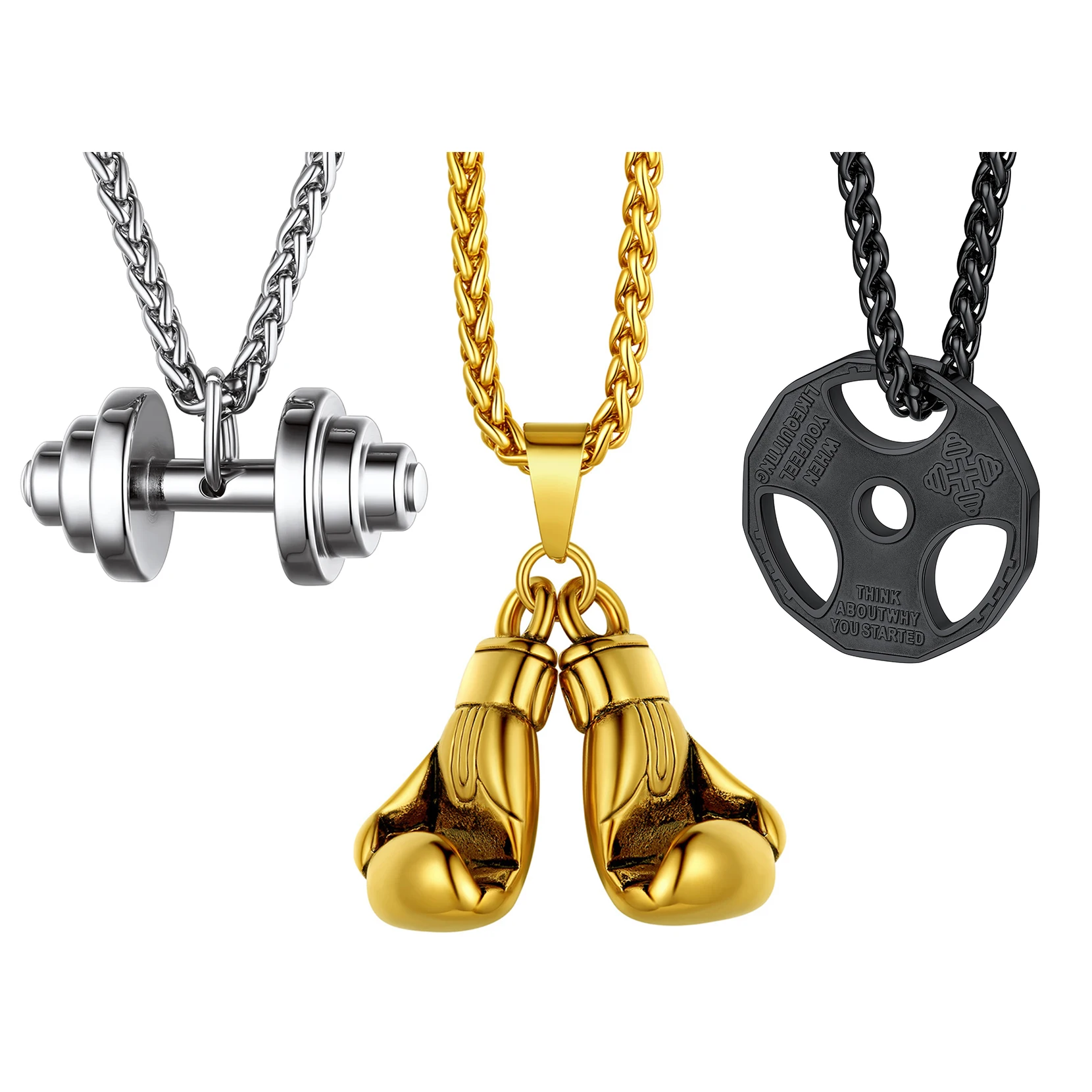 

U7 Weight Plate Dumbell Boxing Gloves Necklaces for Man 24" Wheat Link Chain Stainless Steel Sport GYM Fitness Sporty Jewelry