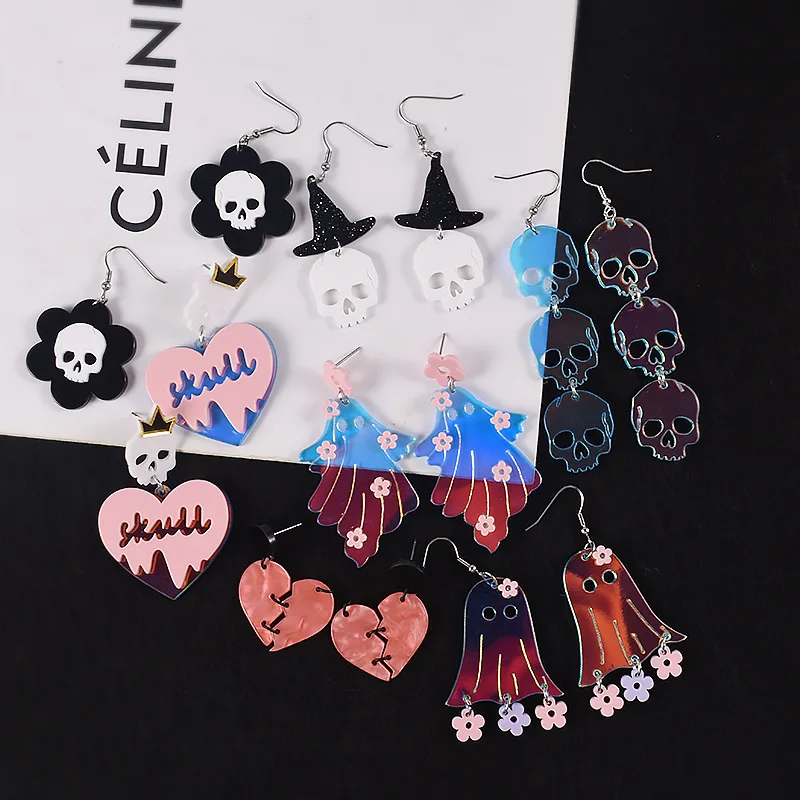 Halloween Silicone Mold Ear Hook DIY Crystal Resin Pendant Earring Set - Skull Ghost Human Pumpkin Charms for Jewelry Making