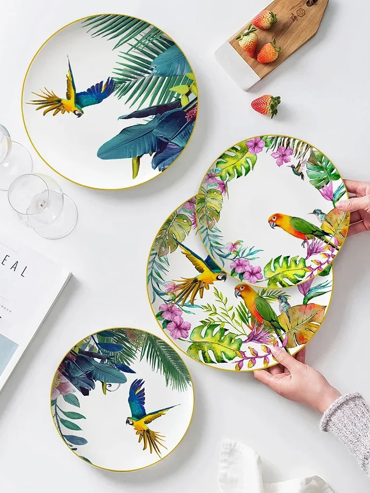 

Ceramic Overglazed Color Figure Tableware Set Hand Painted Parrot Household Dinner Plate Steak Plate Coffee Set Set assiette