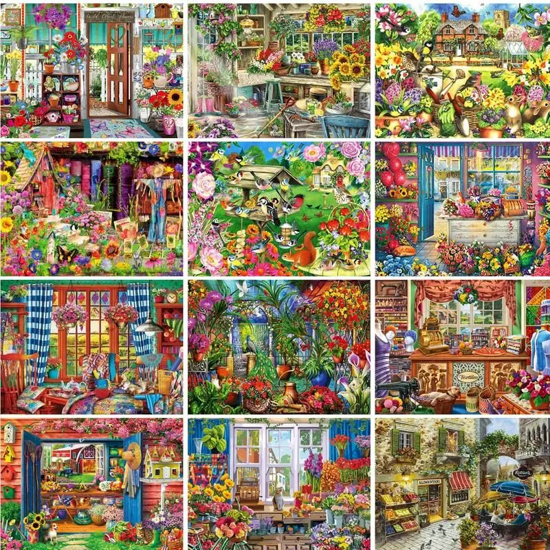 PhotoCustom Modernes Malen nach Zahlen auf Leinwand Blumen Haus handgemachte Zeichnung auf Zahlen für Erwachsene Wandkunst Diy Geschenk Erwachsene Cr
