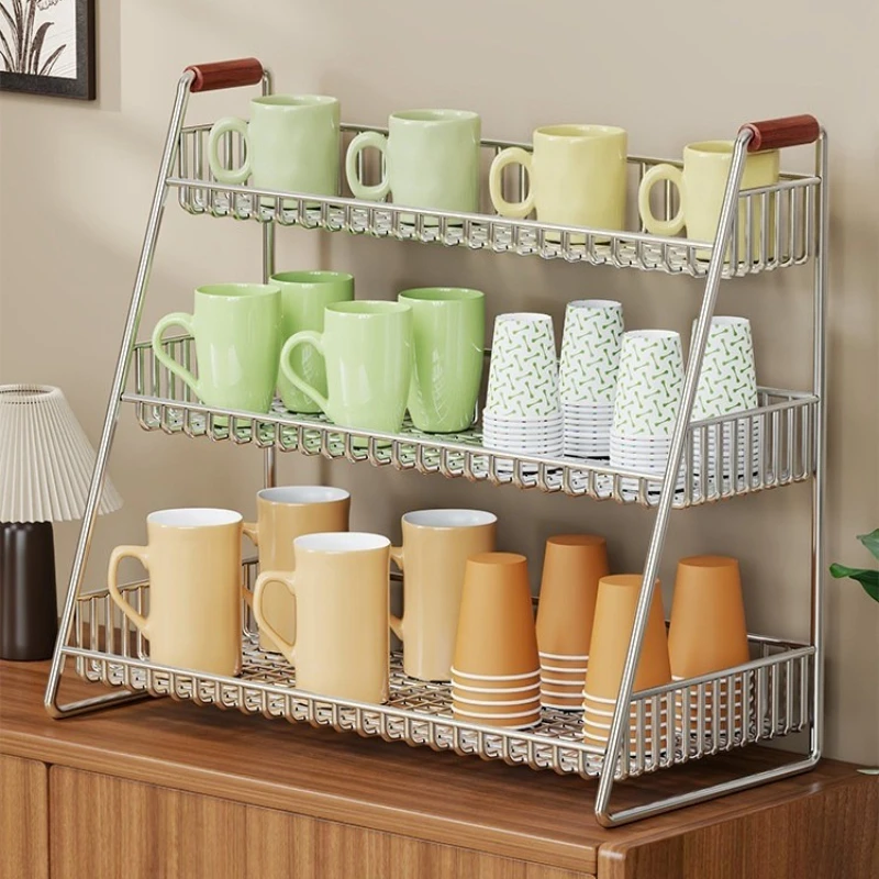 Premium Multi-Layer Cup & Mug Display Rack with a Drainage Basket, Drip Tray for Sideboard & Desktop, Space-Saving Storage Shelf