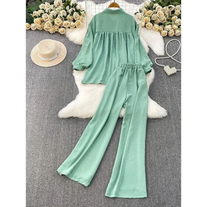 New Mint Green Beaded Collar Puff Sleeve Blouse Elastic Waist Wide Leg Pants For Women Casual Loose Two Piece Daily Outfit Set