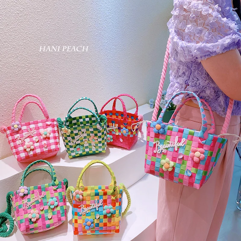 Korean Small Sweetheart Beach Bag Three-Dimensional Flowers Girls Woven Bag Letters Handbag Shoulder Vegetable Basket WB001