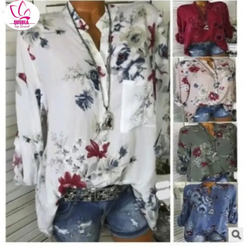 SUSOLA Lady Spring Summer Women Elegant Casual Blouse Floral Print Button Design Long Sleeve Shirt Basic Top