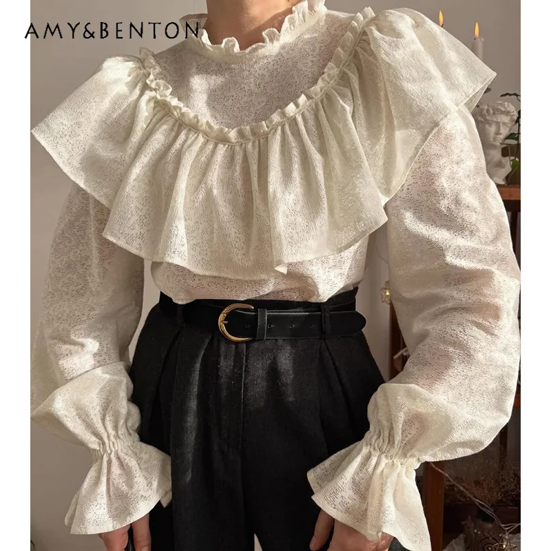 

French Retro Palace Style Lace Ruffle Women's Tops 2026 Spring New Sweet Cool Puff Sleeve Loose Stand Collar Top T-Shirt Ladies
