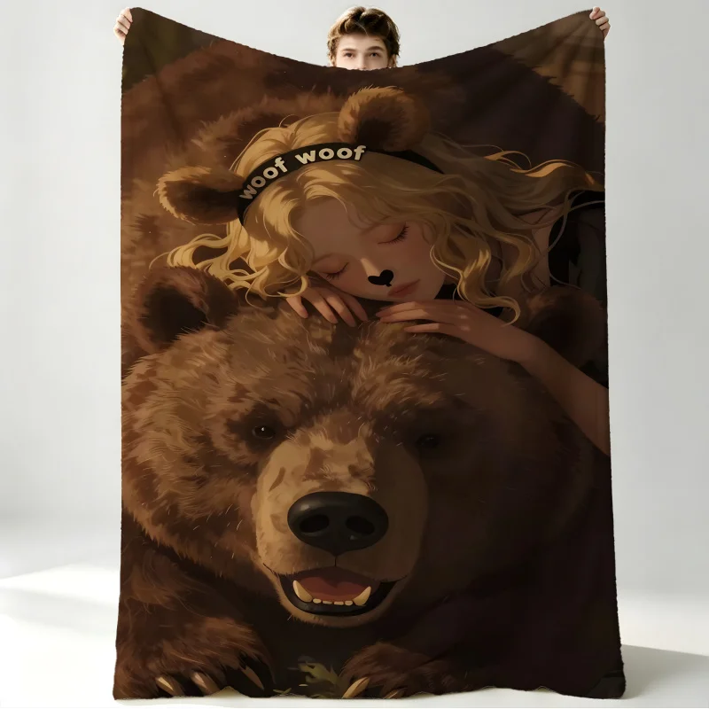 Couverture Câlin Fille & Ours, Style Anime Euphoria Saison 3, Couverture de Sieste Légère et Confortable, Idéale pour le Camping et comme Cadeau pour Meilleure Amie