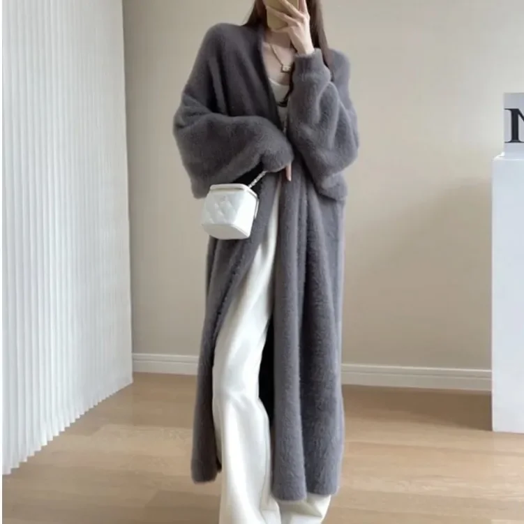 Soft Waxy Imitation Mink Wool Knitted Cardigan 2024 Autumn/winter New Loose Lazy Wind Mink Cashmere Long Knitted Coat Women Y2k