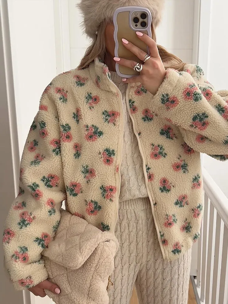

Yaminiya 2025 New White Floral Fleece Warm Stand Up Collar Zipper Sweatshirt Jacket Loose Elastic Hem Casual Wear Women Coat