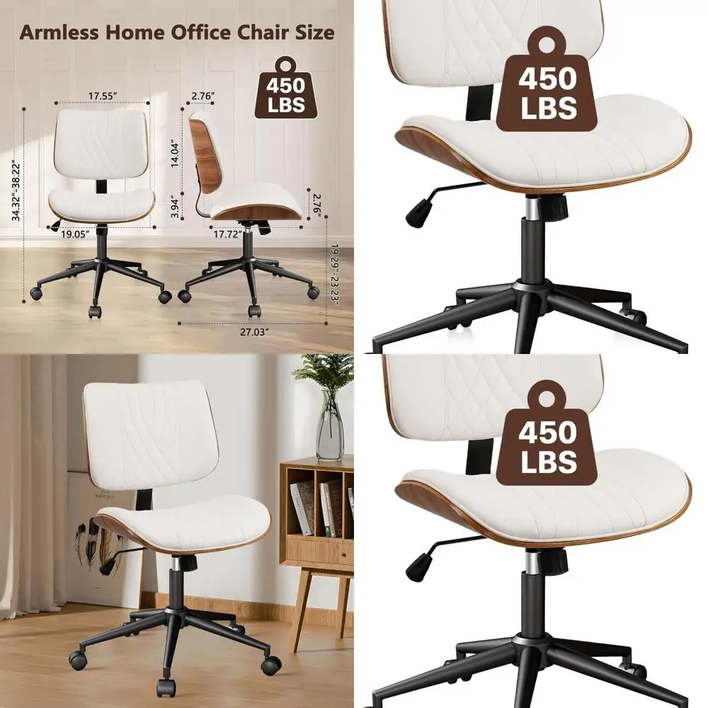 

Эргономичное вращающееся кресло со средней спинкой и регулируемой высотой, кожаное, без подлокотников, на колесах для домашнего офиса (белое)