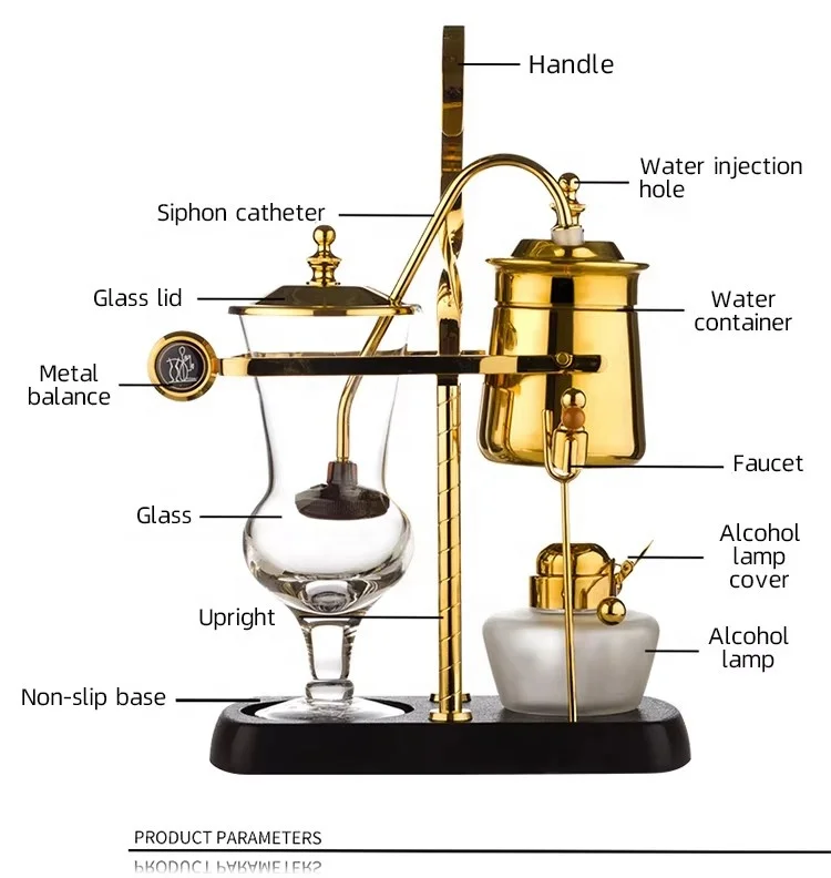 Caffettiera in acciaio inossidabile color oro per uso domestico Sifone di bilanciamento in vetro sottovuoto reale di lusso Caffettiera e tè espresso belga