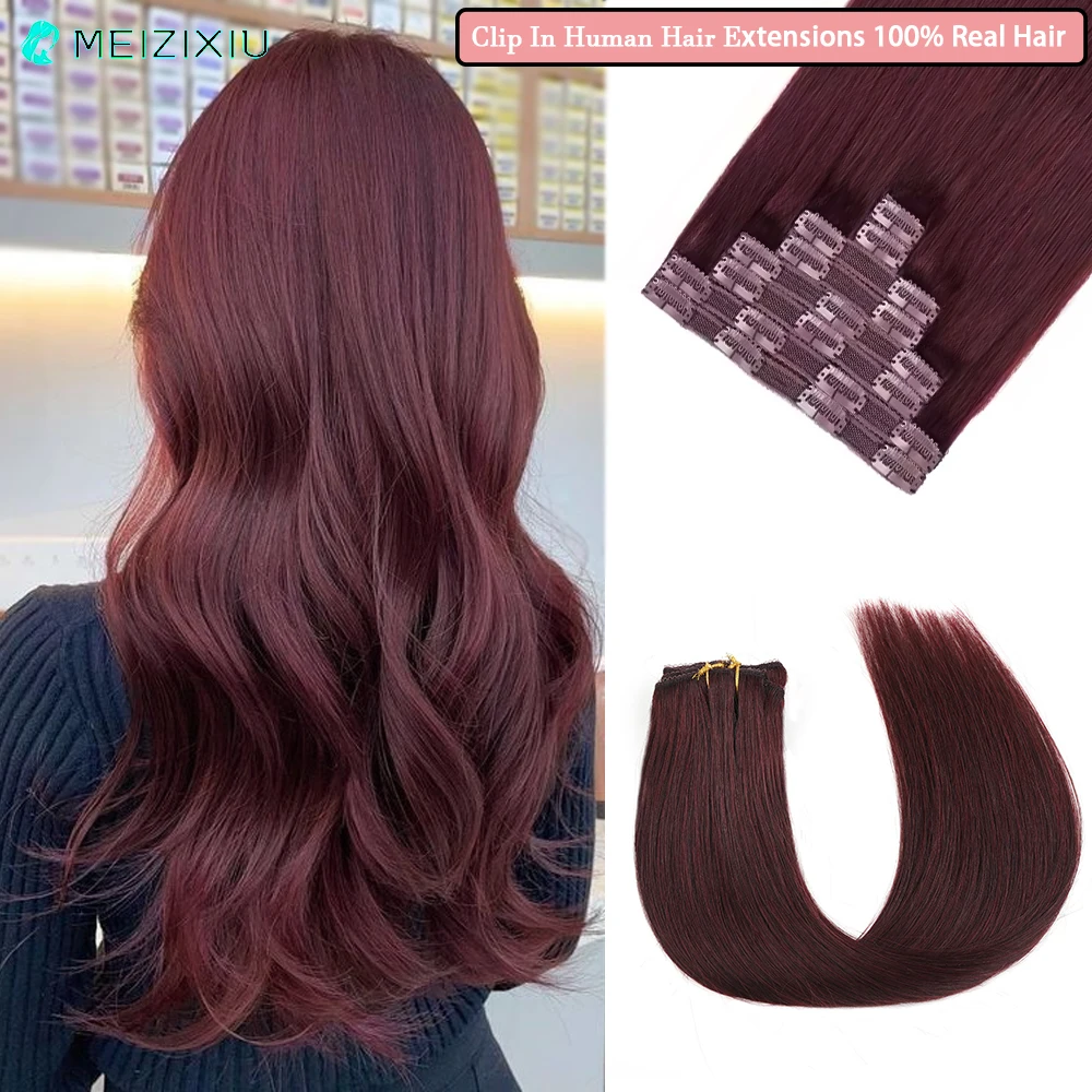 

Burgundy Clip In Hair Extensions Add Hair 100% Real Hair Lace Clip In Human Hair Extensions for Women 22Inch 8Pcs/Lot 120g 99J#