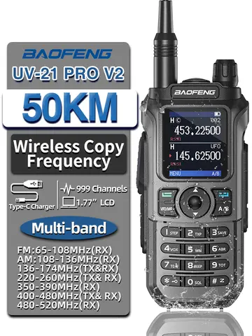 Baofeng UV-21 Pro V2 무선 복사 주파수 다중 대역, 강력한 방수 장거리 UV-5R, C 타입 양방향 햄 라디오