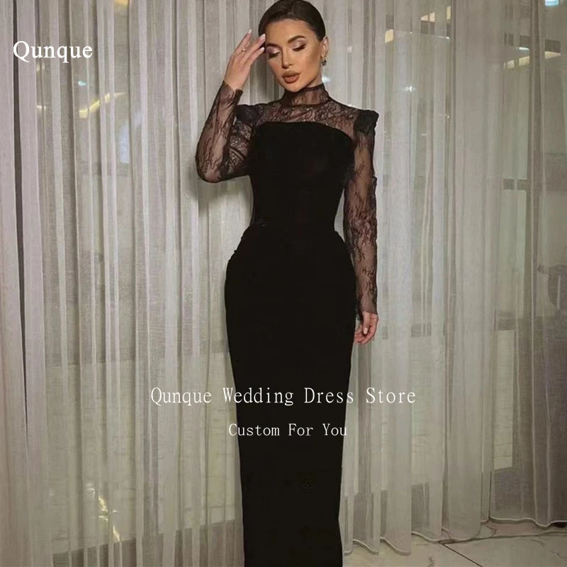 

Qunque Arabia Mermaid Prom Dresses High Neck Long Sleeves Black Customized Party Gowns Lace Formal Occasion Dress Robe De Soirée