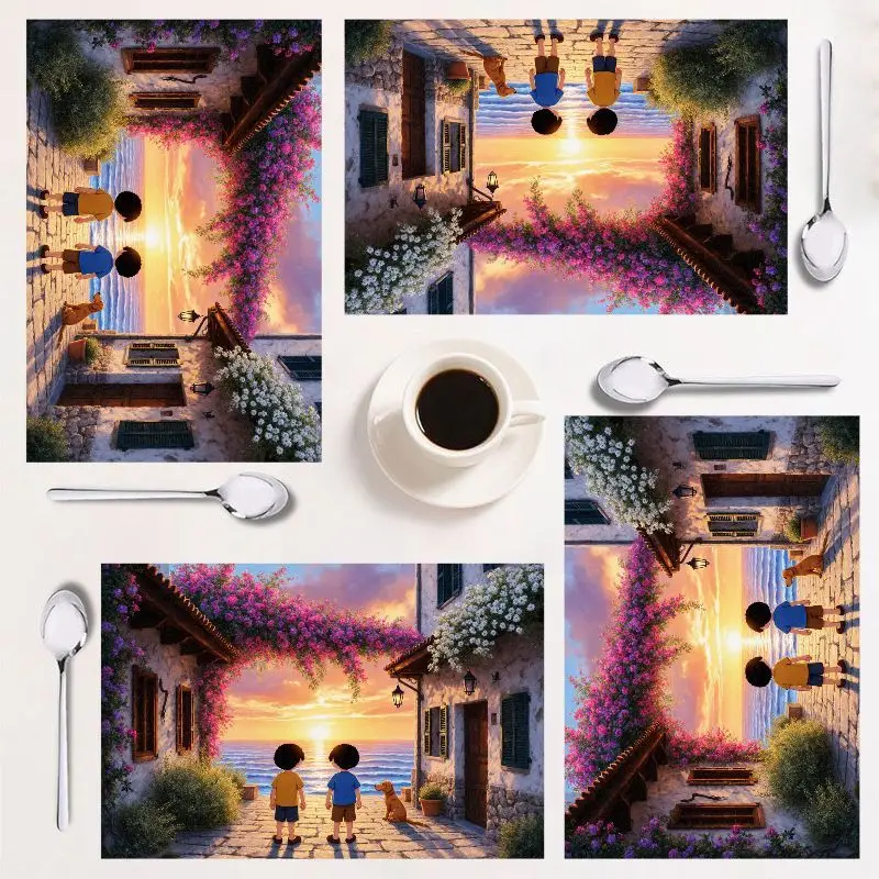 

4-piece placemat set, vibrant sunset art, easy to clean, rectangular home decor, perfect for holidays!