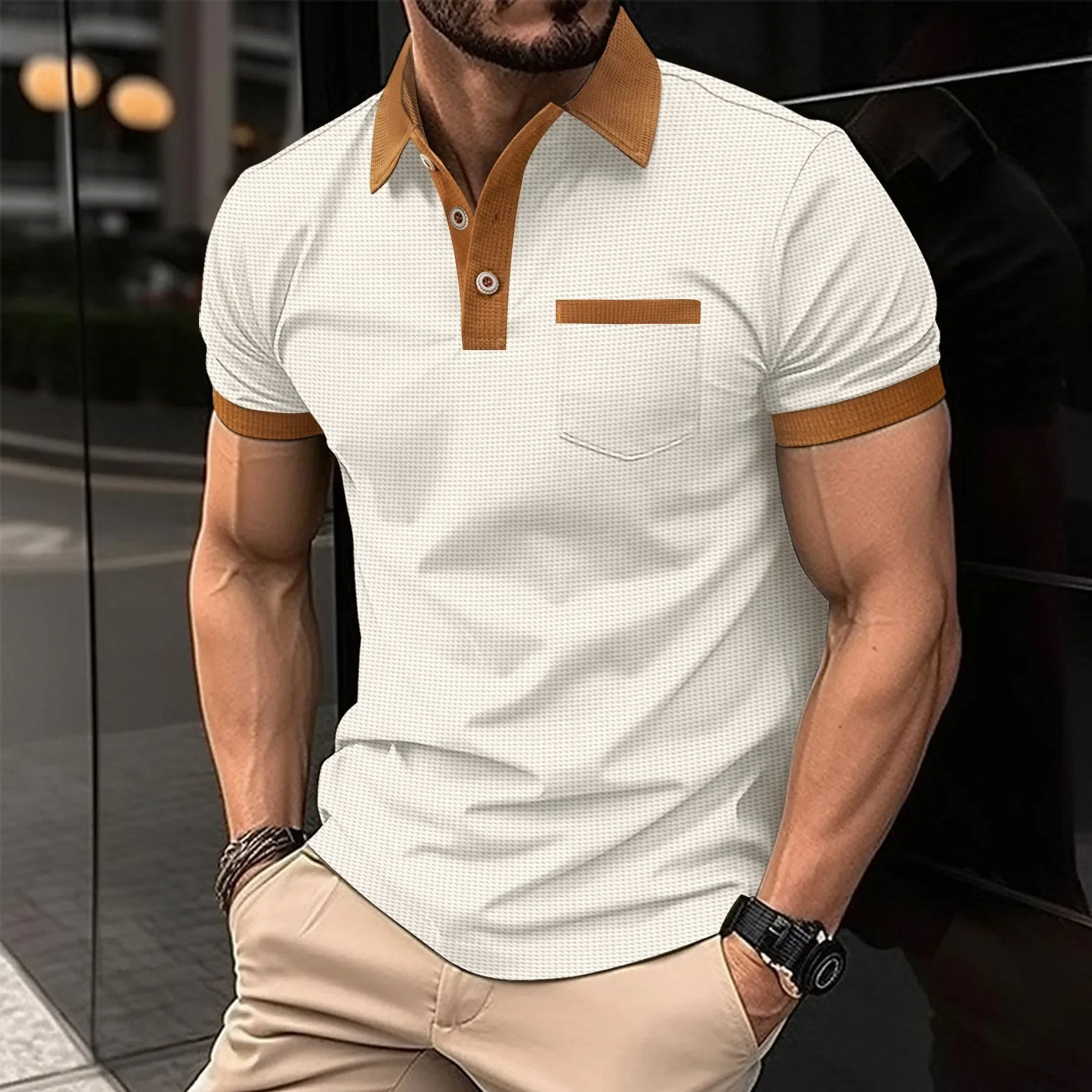 Summer 2026 Men's Short Sleeve POLO Shirt Waffle Texture Color Block Chest Pocket Button-Up T-Shirt Top