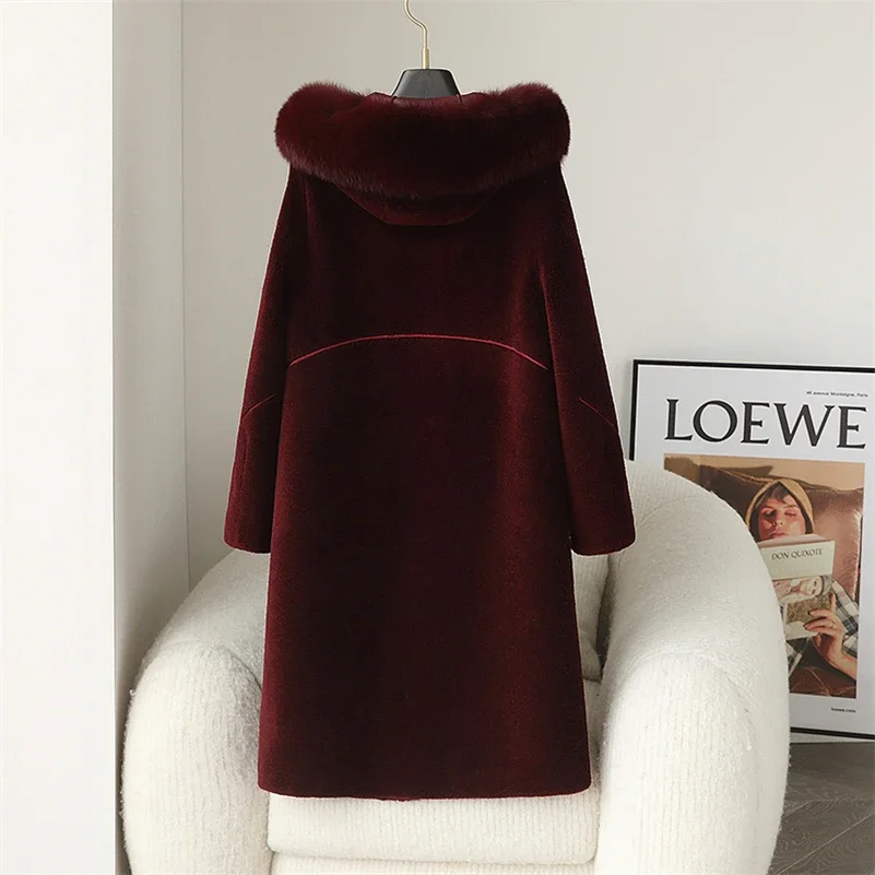 Women Winter Long Wool Fur Coat Jacket Female Fox Fur Collar Coats Lady Over Size Parka Trench CT251