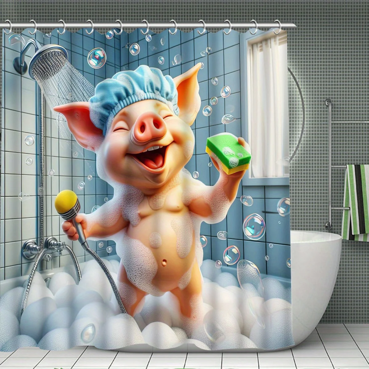 4pcs Piglet Bathroom Set - Playful Shower Curtain, Toilet Cover & Mats, Cute Bathing Pig Design, Cheerful Home Decor