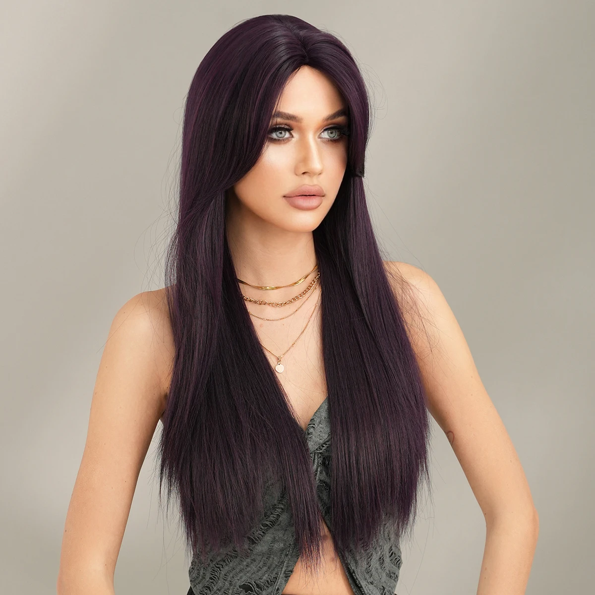 7JHH WIGS Brunette Wig Long Straight Middle Part Dark Purple Wig for Women Daily High Density Synthetic Heat Resistant Hair Wig