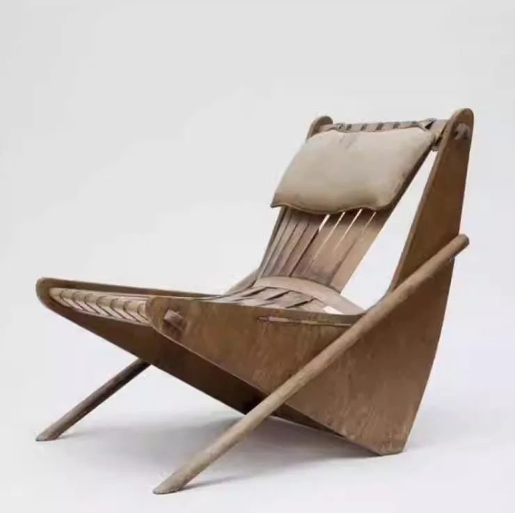 Light luxury solid wood woven saddle leather leisure recliner, creative designer retro home living room reception lazy chair