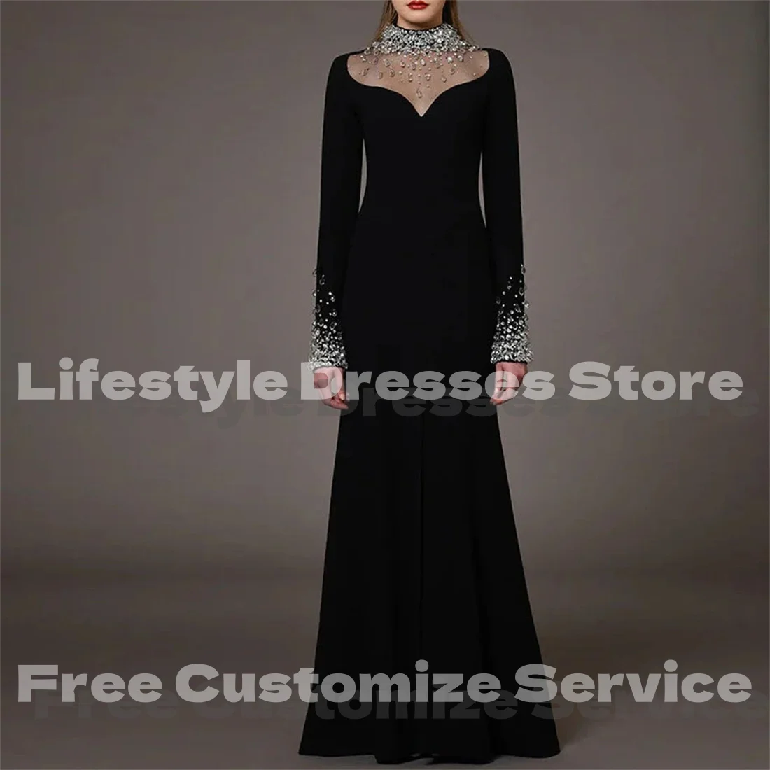 Customized Black Evening Dress Long Sleeves Shiny Stone Tulle Crepe Party Dresses For Formal Occasion Prom Dress