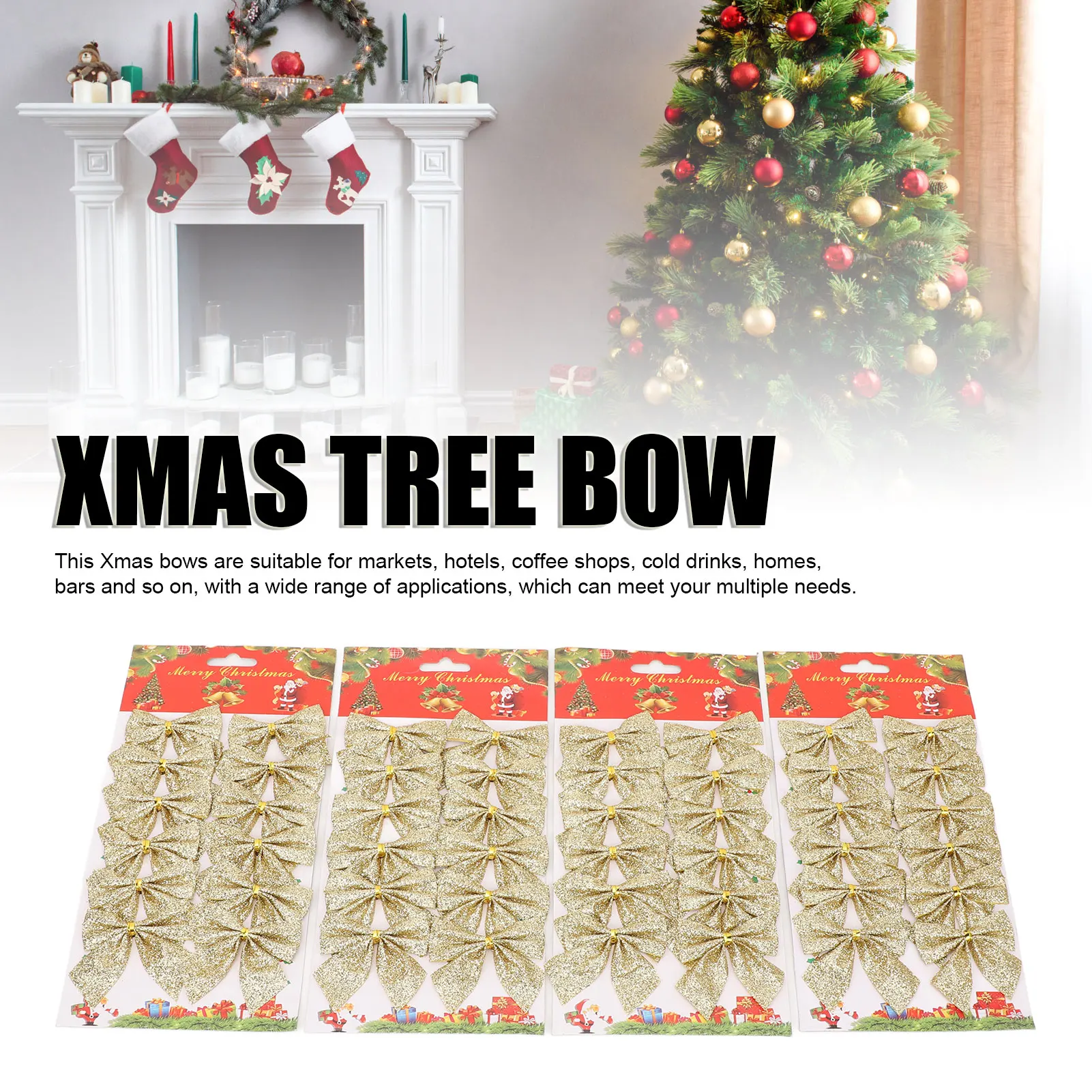 

48pcs Xmas Tree Bow Decoration Miniature Xmas Tree Bow Ornament Hanging Xmas Garland Bows For Home Party Gold