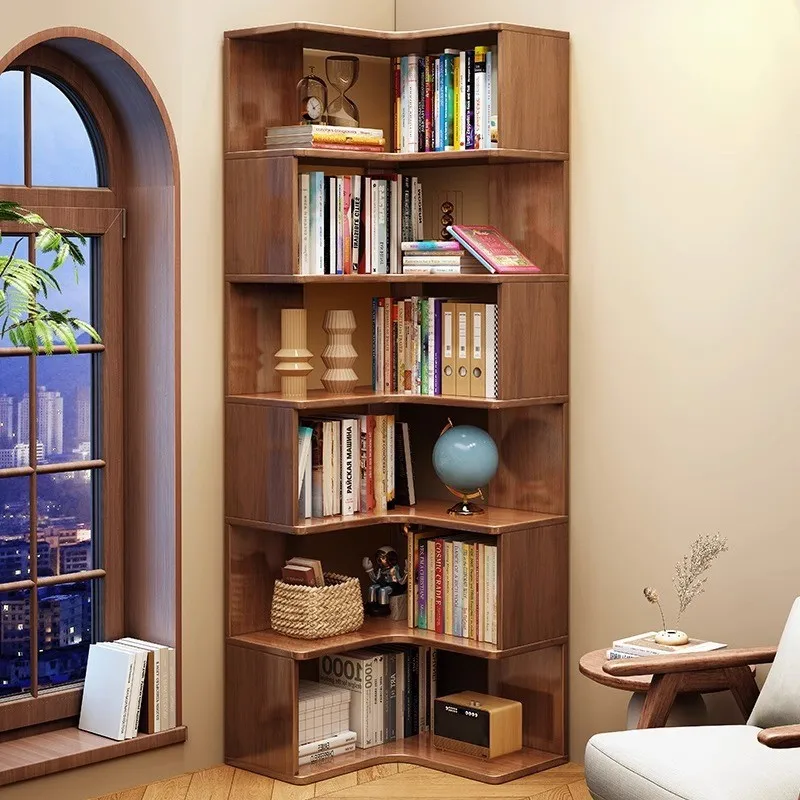 Modern simple solid wood 6-layer adjustable corner bookcase, suitable for living room, bedroom, home or hotel