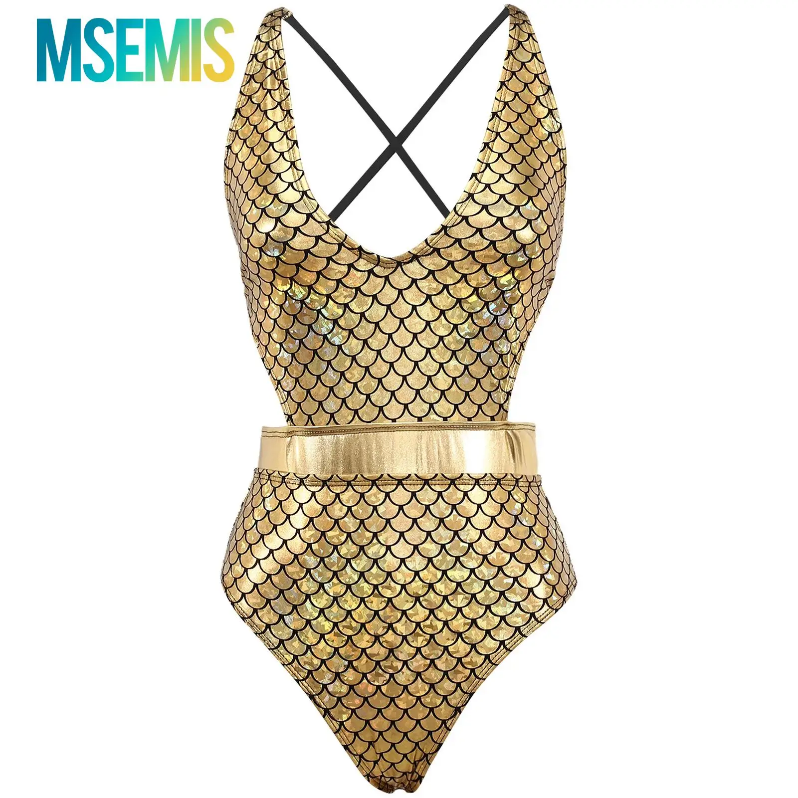

Women's Deep V Neck Halter Style Bodysuit Swimsuits Metallic Gloss Fish Scale Print One Piece Swimwear Swimming Bathing Suit