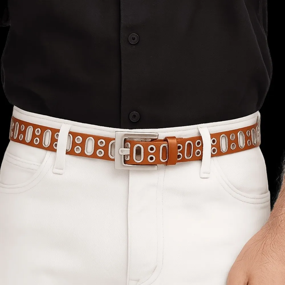 

Trendy Alloy Buckle Oval Multihole Belt Vintage Jeans Decor PU Leather Waistband Hollow Hip-hop Unisex Belt Streetwear