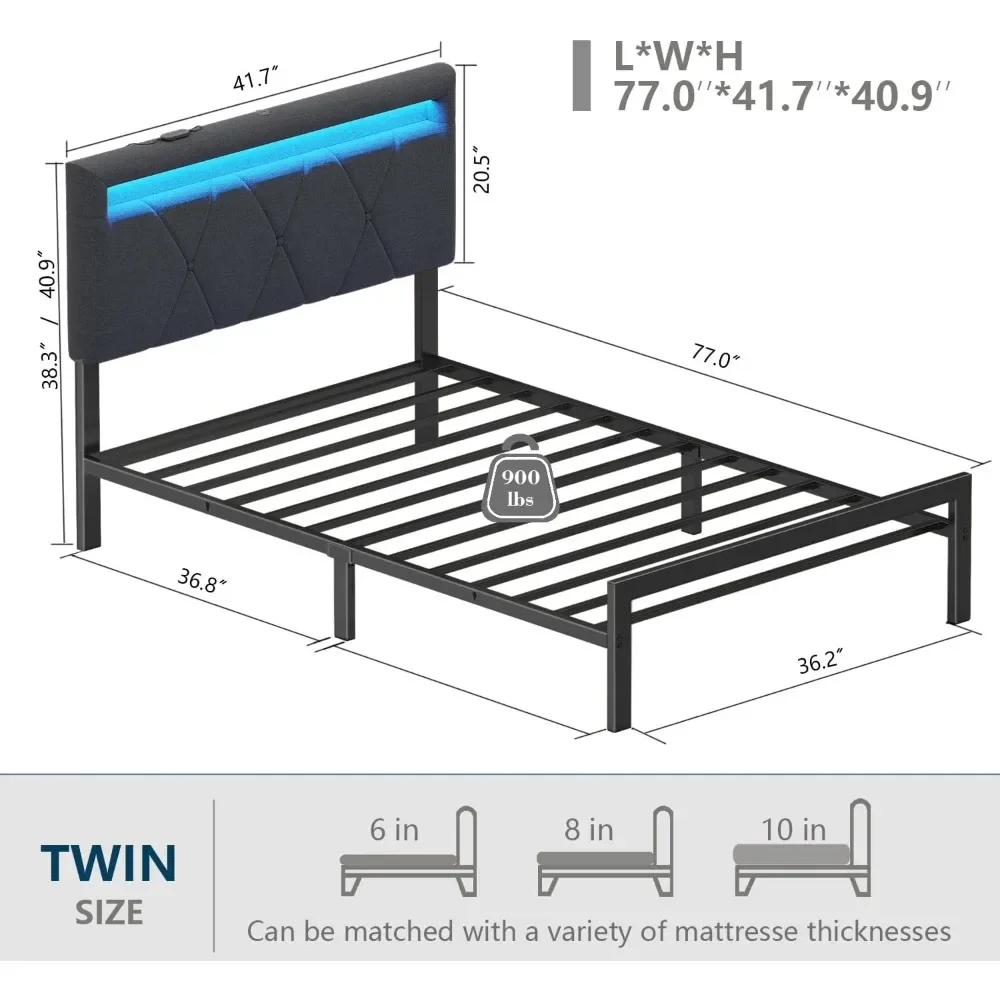 Bed Frame with Charging Station and LED Lights, Upholstered Bed with Height Adjustable Headboard, Noise Free, Easy Assembly