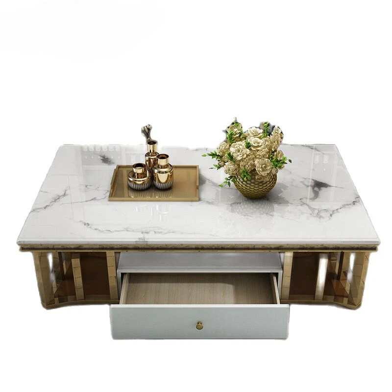 Modern marble coffee table TV cabinet combination post-modern room stainless steel rectangular tea table bench