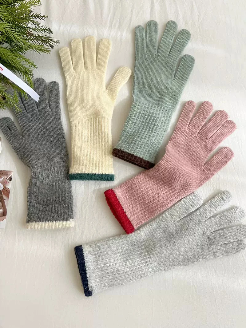 Luna&Dolphin Korean Women Winter Long Five-finger Gloves Long Sleeves Solid Color Wool Thin Finger Points Arm Warmers Girl