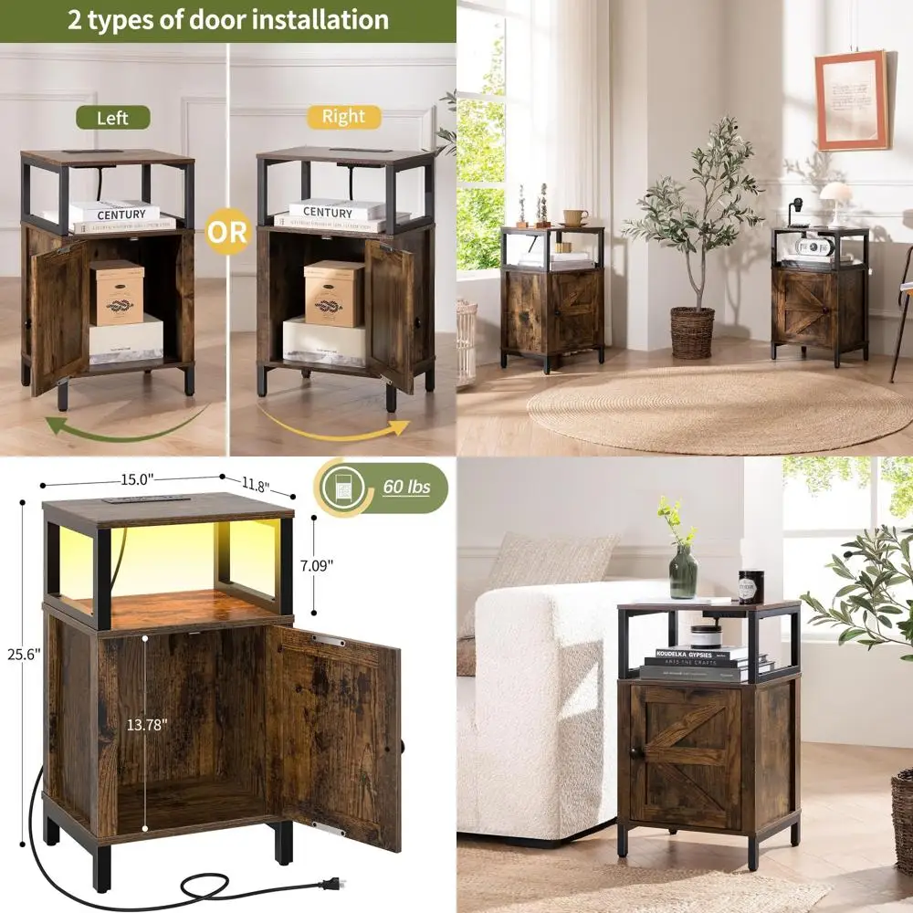 

Rustic Brown Charging Nightstand with USB Ports and LED Storage Cabinet for Bedroom and Living Room