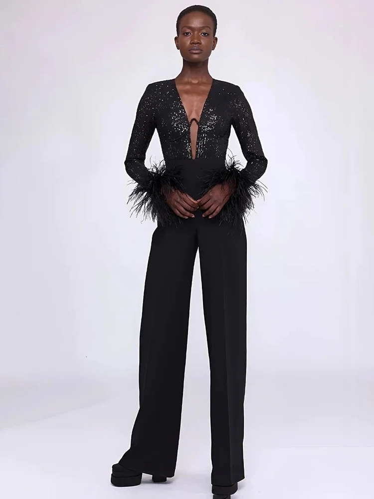 Luxury Party Jumpsuits or Women Designer Black Sequines Top Bandage Pants Patachwork Deep V Neck Celebrity Evening Party Rompers