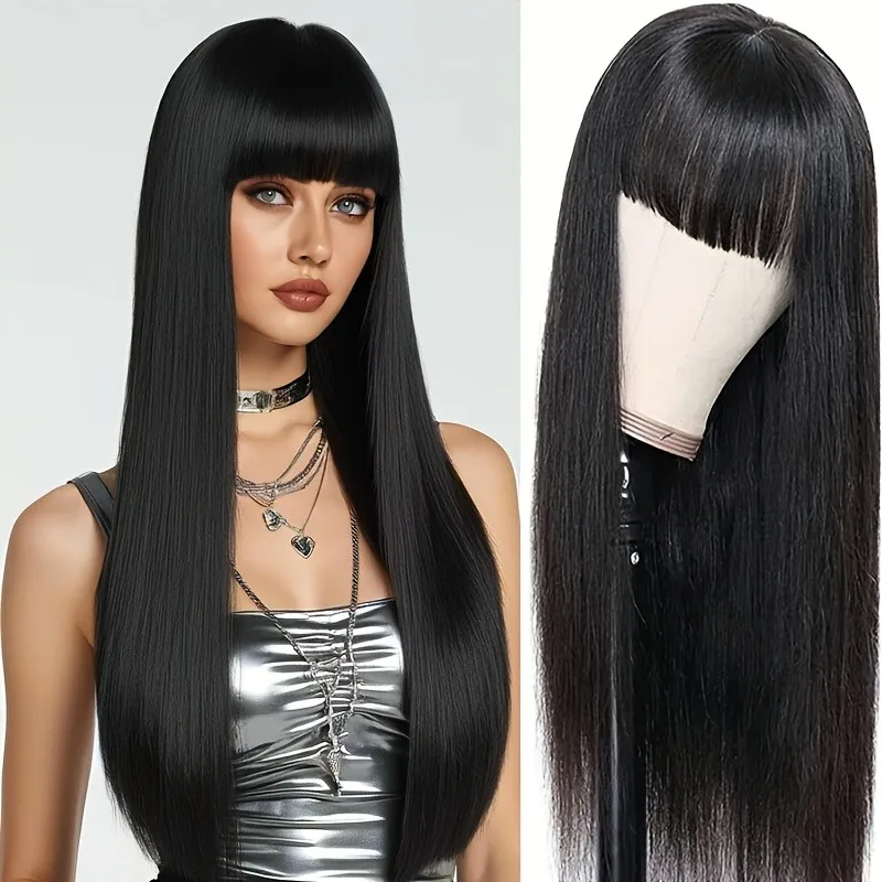 26 Inch Black Straight Synthetic Wig with Bangs, High Density - Natural Looking, Great for Women, Perfect for Daily Wear, Music image 3