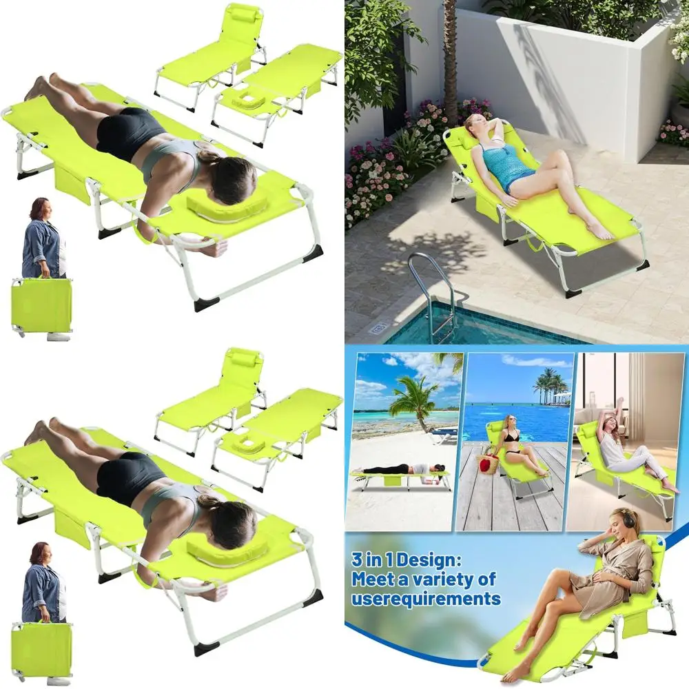 

3-in-1 Tanning Chair with Face Hole for Outside, 5-Position Reclining & Head Cushion – Portable Folding Beach Lounge Chairs for