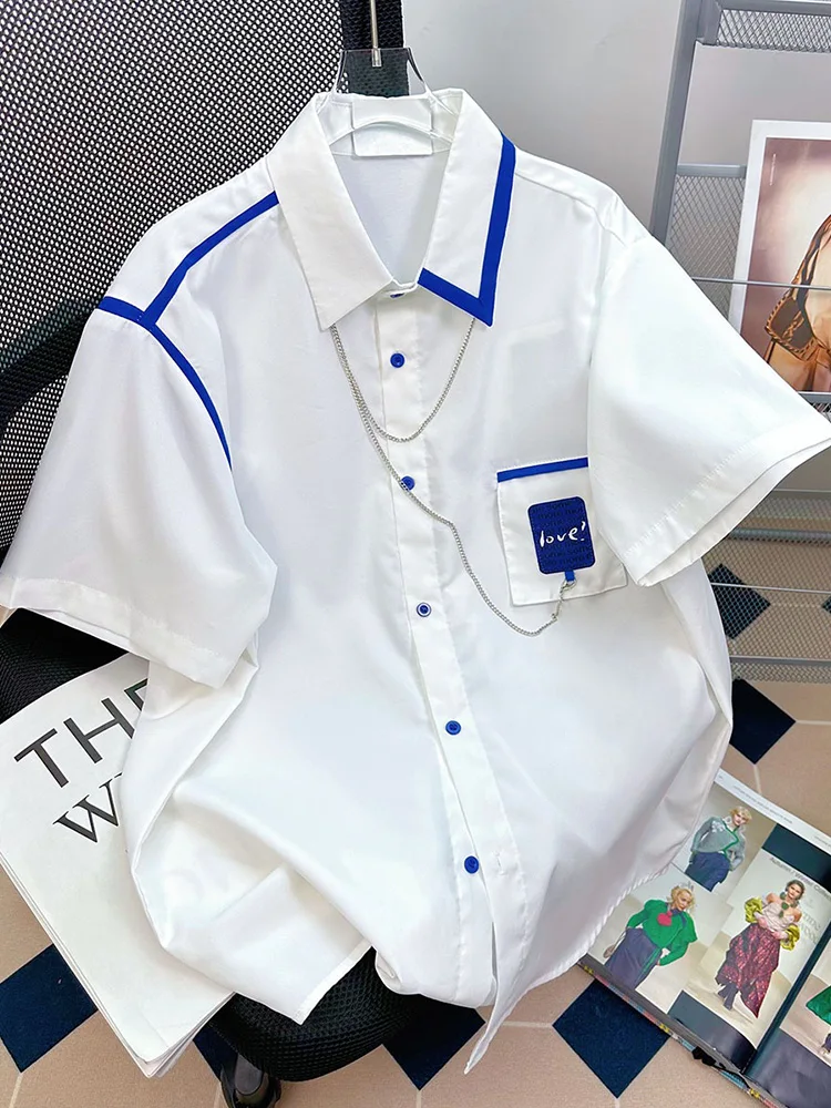 

Летняя мужская свободная рубашка с коротким рукавом, контрастными цветовыми блоками и цепочкой, повседневная, модная, из хлопка, однотонная