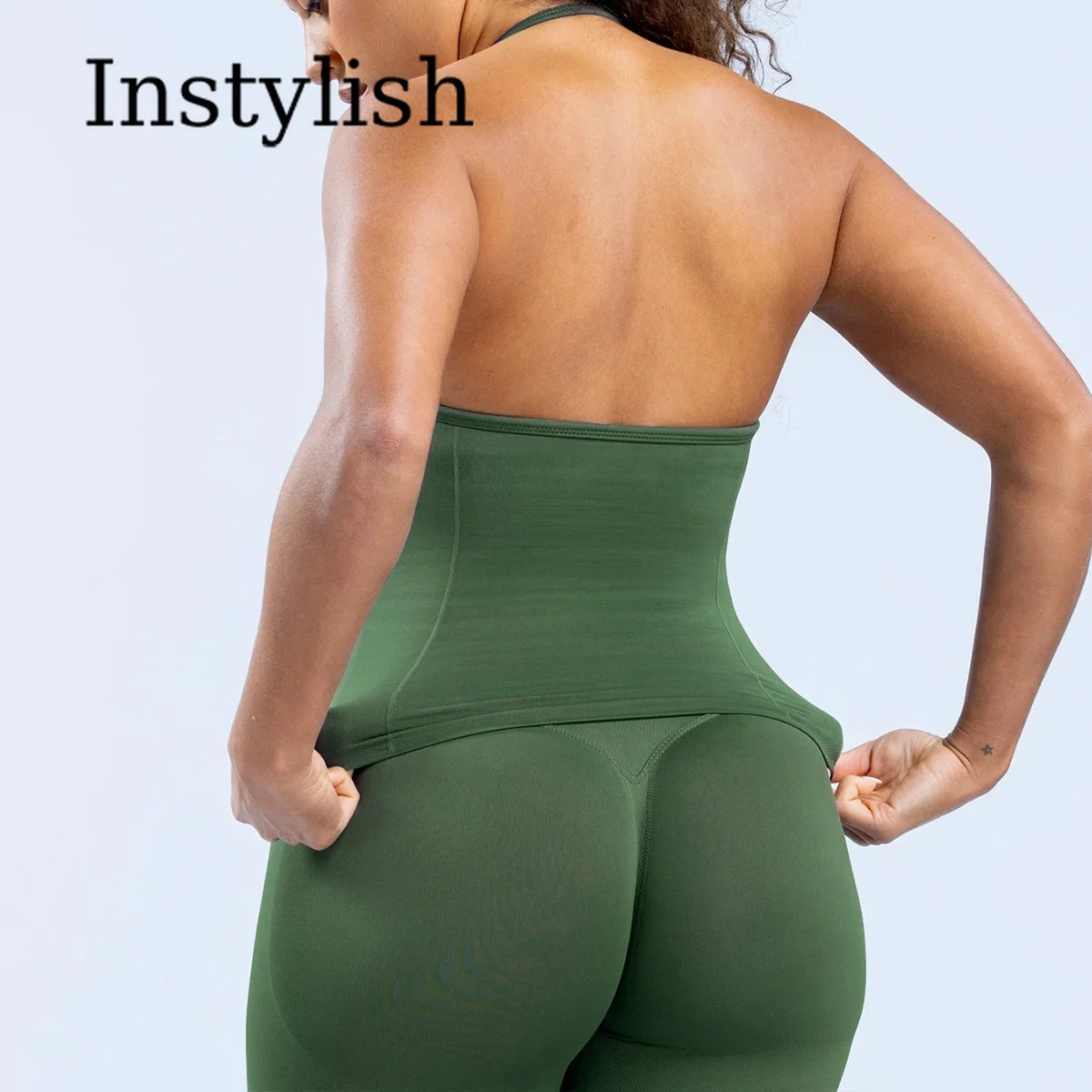 Women Seamless Yoga 2 Piece Set Halter V Neck Ruched Cami Top High Waist Stretch Leggings Gym Workout Fitness Activewear Outfit view 6