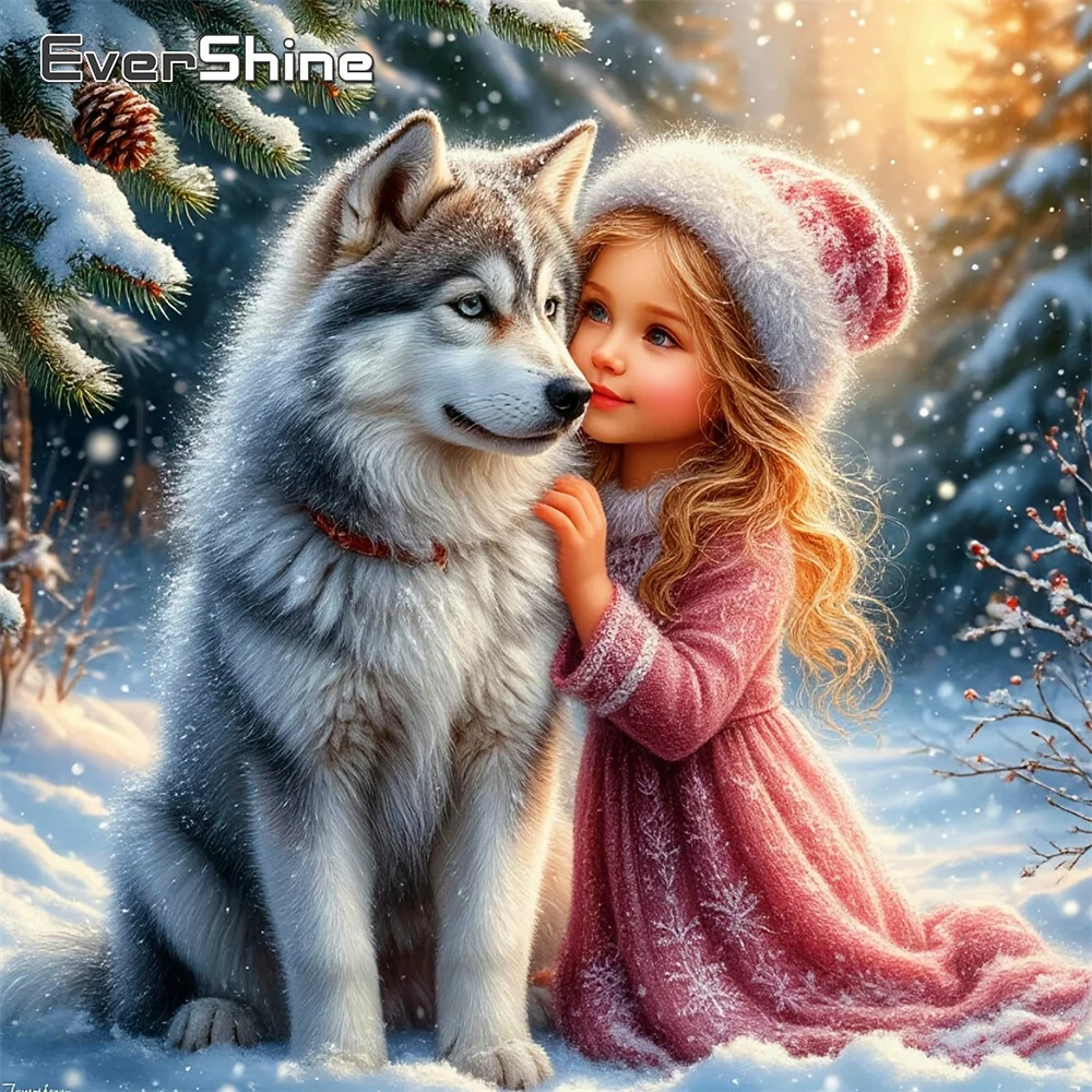 Evershine Mädchen Diamant-Stickerei Porträt Vollflächiges Quadratisches Mosaik Hunde-Bild aus Strasssteinen Malerei Schnee Winter Heimdekoration