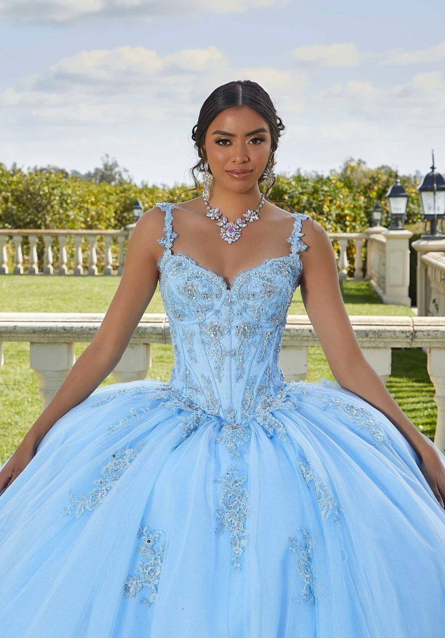 LorstudBlue-Robes de Quinceanera en dentelle avec appliques, perles chérie, bretelles spaghetti, boule, quelle que soit la robe éducative de 15 ans, 2024, YQD124