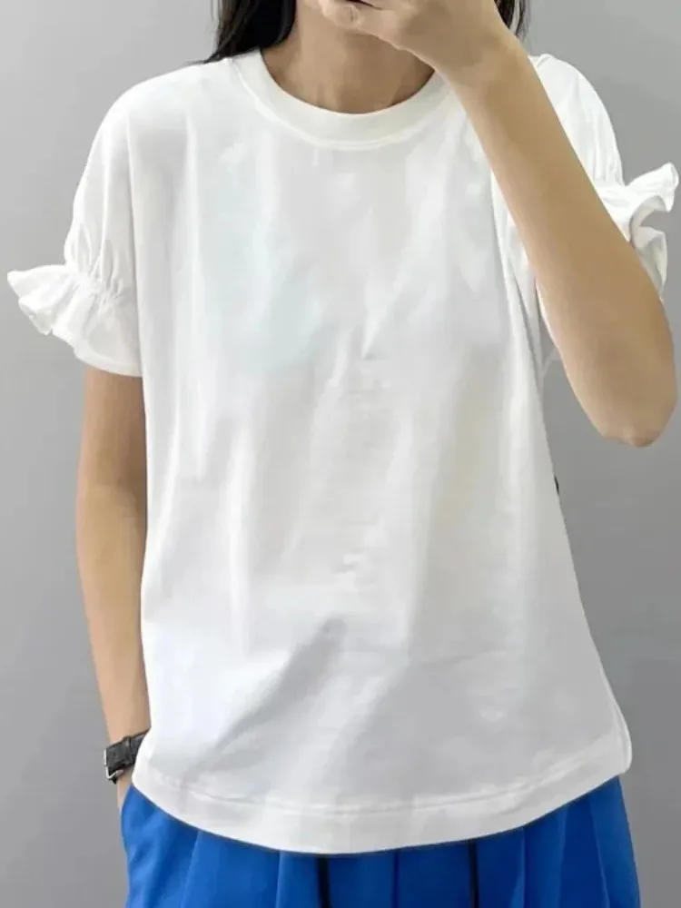 

Casual T-Shirt Women's Solid O-Neck Pleated Bubble Sleeve Tee Top Spring Summer 2023 New