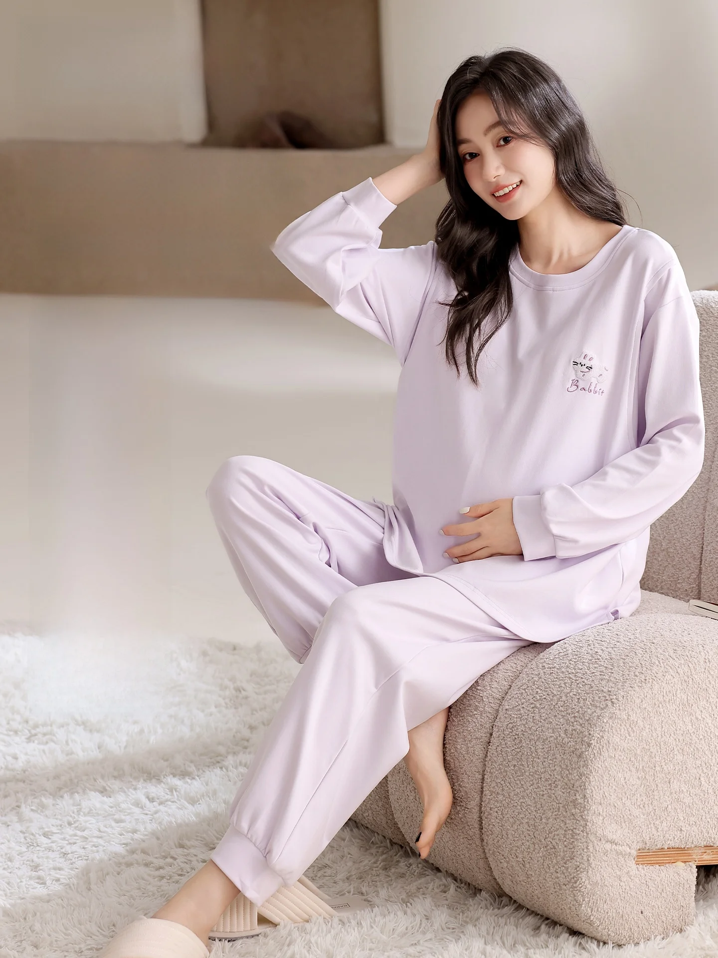 pure-cotton-maternity-sleepwear-with-chest-pad-home-clothes-for-women-summer-long-sleeve-loose-fit-round-neck-home-comfortable