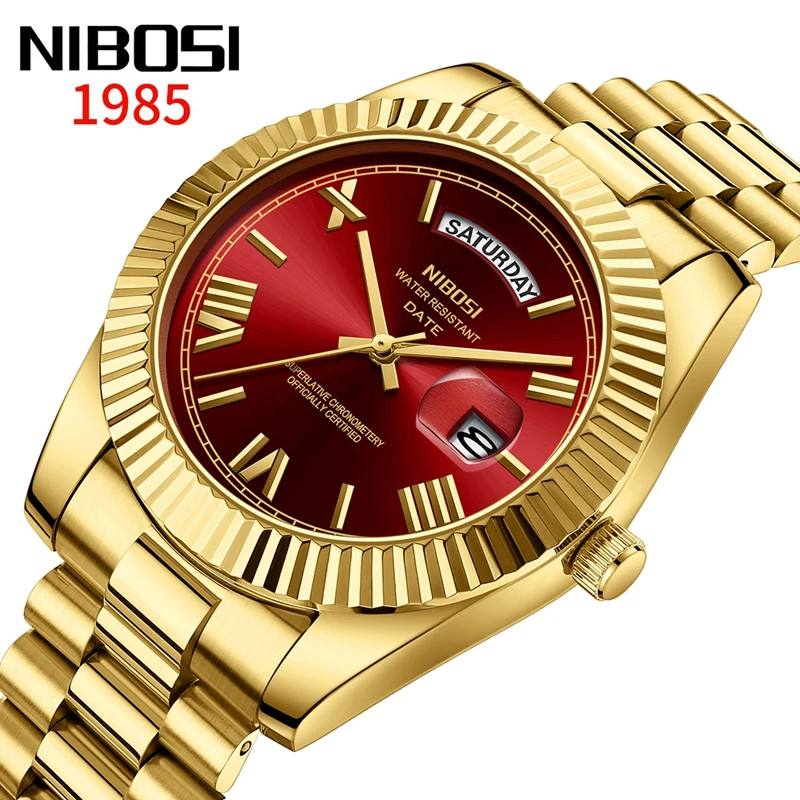 

NIBOSI Luxury Gold Strap Men Quartz Watch 2024 New Fashion Business Men Watch Calendar Display Luminous Waterproof Reloj 2628