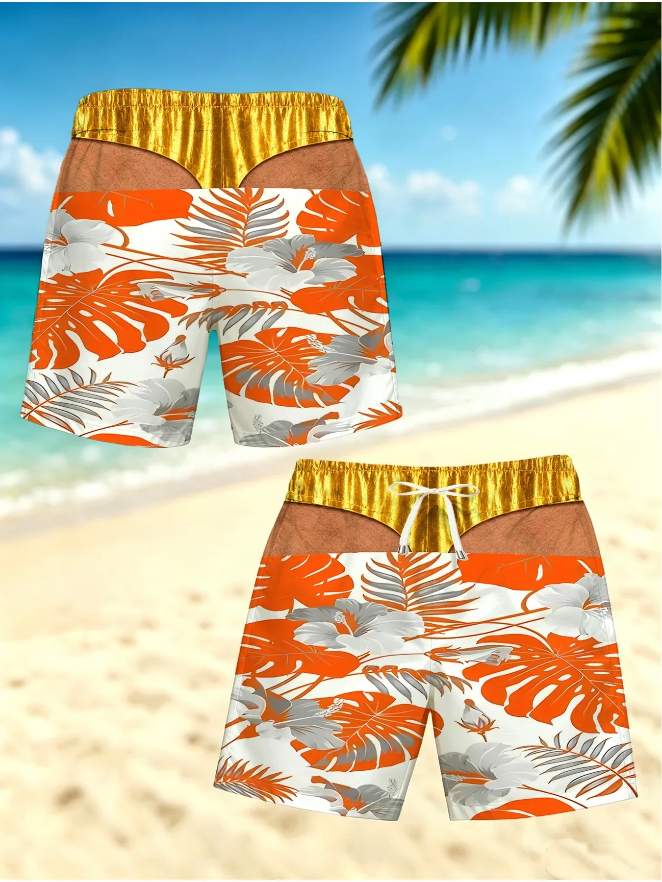 Funny Fake Gold Bikini Waist Men Swim Trunks Orange Hawaiian Leaf Print Quick Dry Beach Shorts Gag Gift